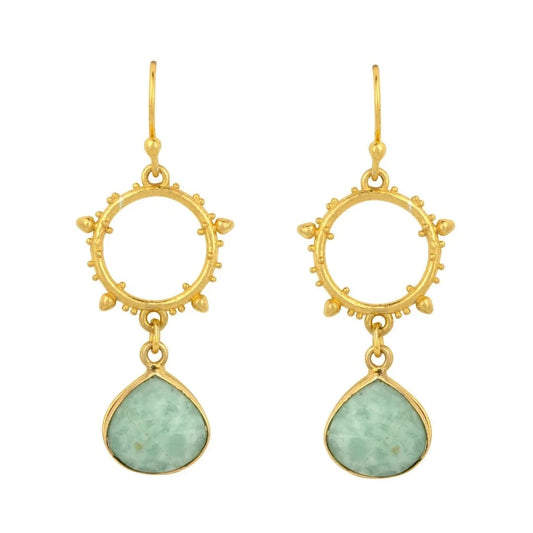 These mini hoop earrings from Mazzi D Fiori feature a dangling amazonite stone, inspired by the bubbles of the sea. The amazonite drops below sway with movement, adding a vibrant touch of colour to the wearer's look.     22 carat gold plated brass Amazonite gemstones Size: 3 cm Hypoallergenic sterling silver earring hooks.