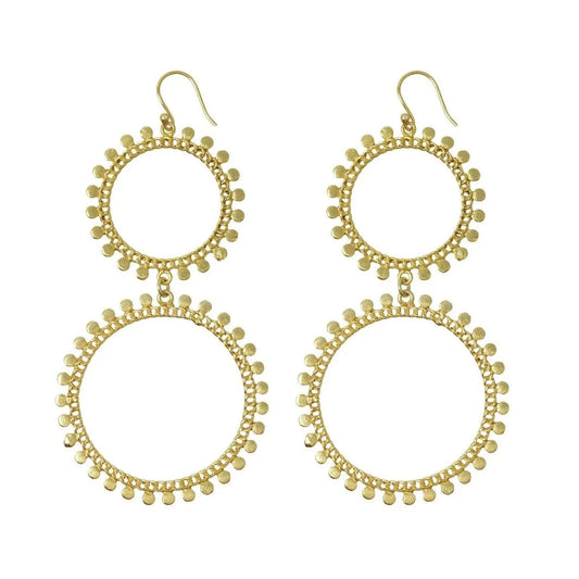 Double gold hoop statement earrings from Mazzi D Fiori.  Gold textured double hoop frame statement earrings, made from lightweight base metal. Inspired by the beautiful greek city of Athens.