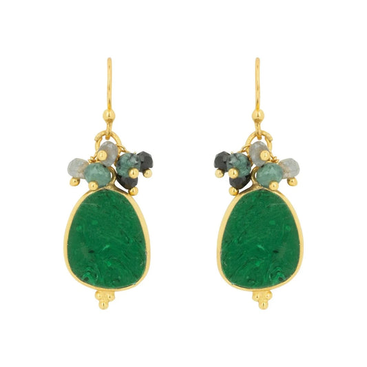 The Willow Green Earrings, from Mazzi D Fiori, &nbsp;feature a captivating blend of natural elements that reflect the enchanting textures found in the forest. Made with a malachite pendant and various gemstone beads set in 22K gold plating on brass, the metals and gemstones speak for themselves. Pair with the coordinating Willow Green Necklace for a natural and earthy aesthetic.