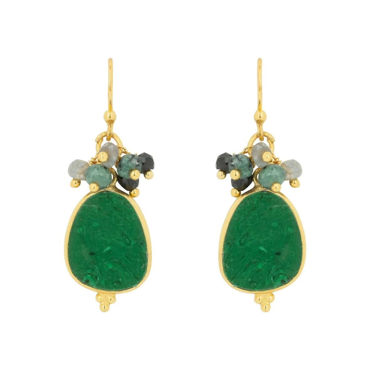 The Willow Green Earrings, from Mazzi D Fiori, &nbsp;feature a captivating blend of natural elements that reflect the enchanting textures found in the forest. Made with a malachite pendant and various gemstone beads set in 22K gold plating on brass, the metals and gemstones speak for themselves. Pair with the coordinating Willow Green Necklace for a natural and earthy aesthetic.
