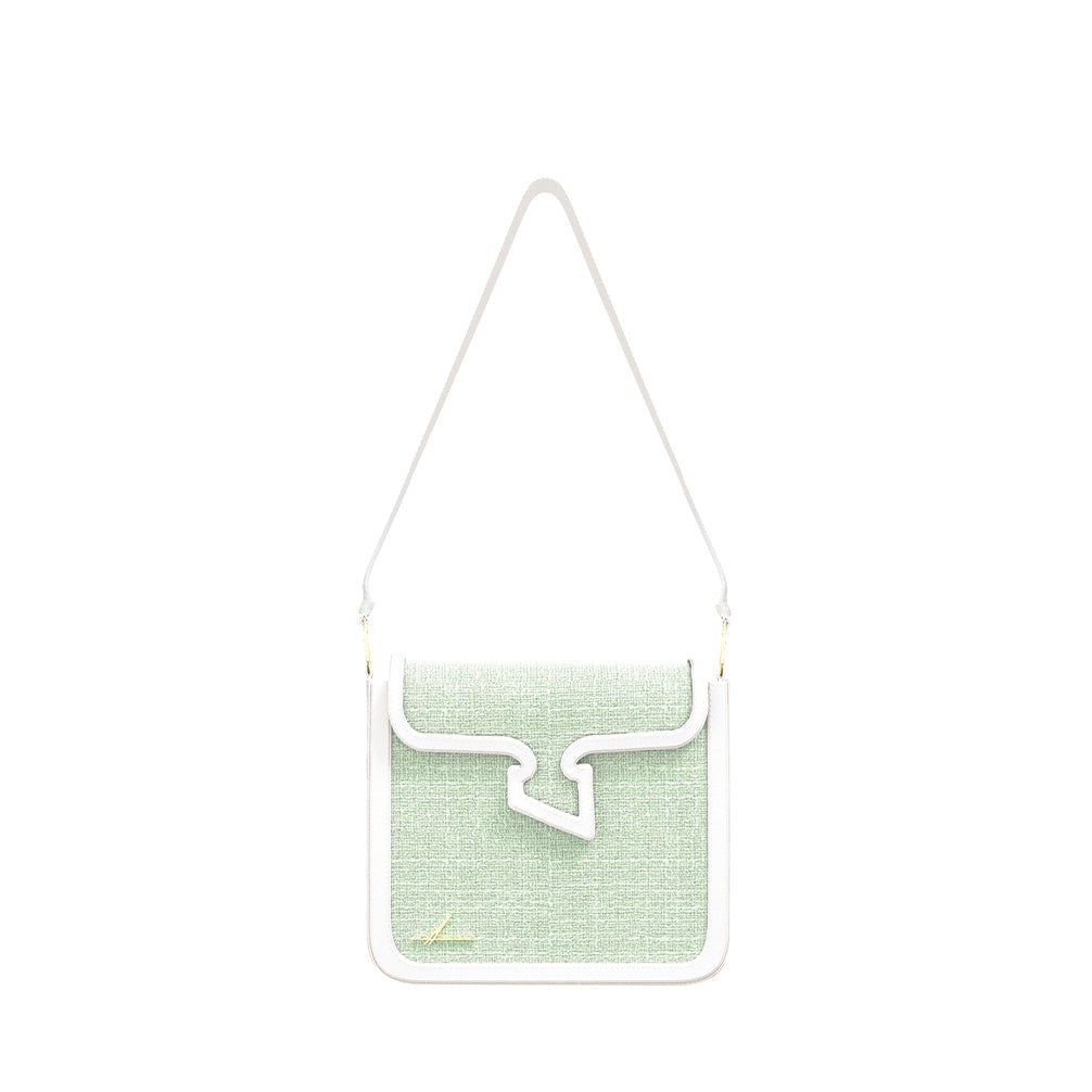 The Claire Baguette mini in natural Lino by Alberto Olivero in mint green and white leather trim. Made in a beautiful linen and italian leather. new from Mazzi d Fiori