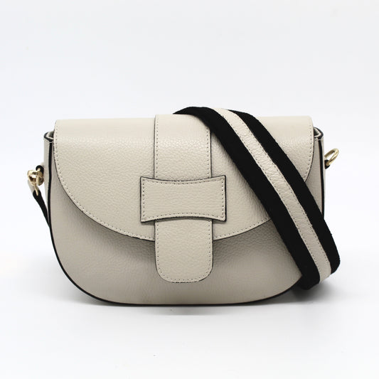The Alessia bag from Mazzi D Fiori comes with a two tone cross body strap in leather and canvas.  It has a zippered compartment and zip to close the inside.  Shown here in Panna